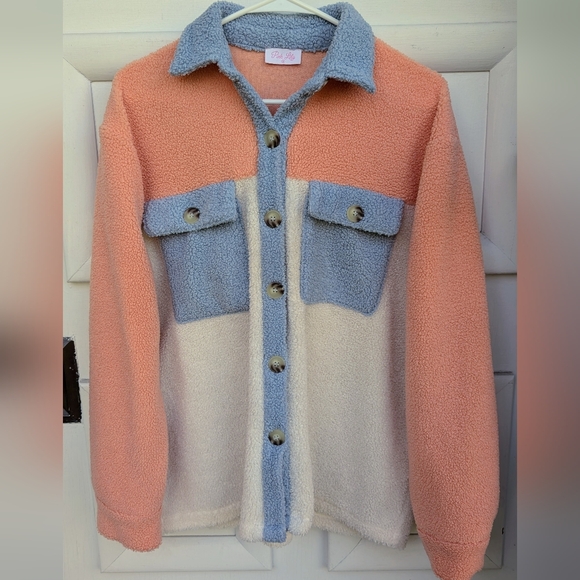 Pink Lily Colorblock Oversized Sherpa Jacket / Shacket With Collar Size Small - Picture 1 of 6